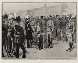 Die Rückkehr der Q-Batterie RHA, Lord Roberts überreicht eine Silberstatuette an die Offiziere